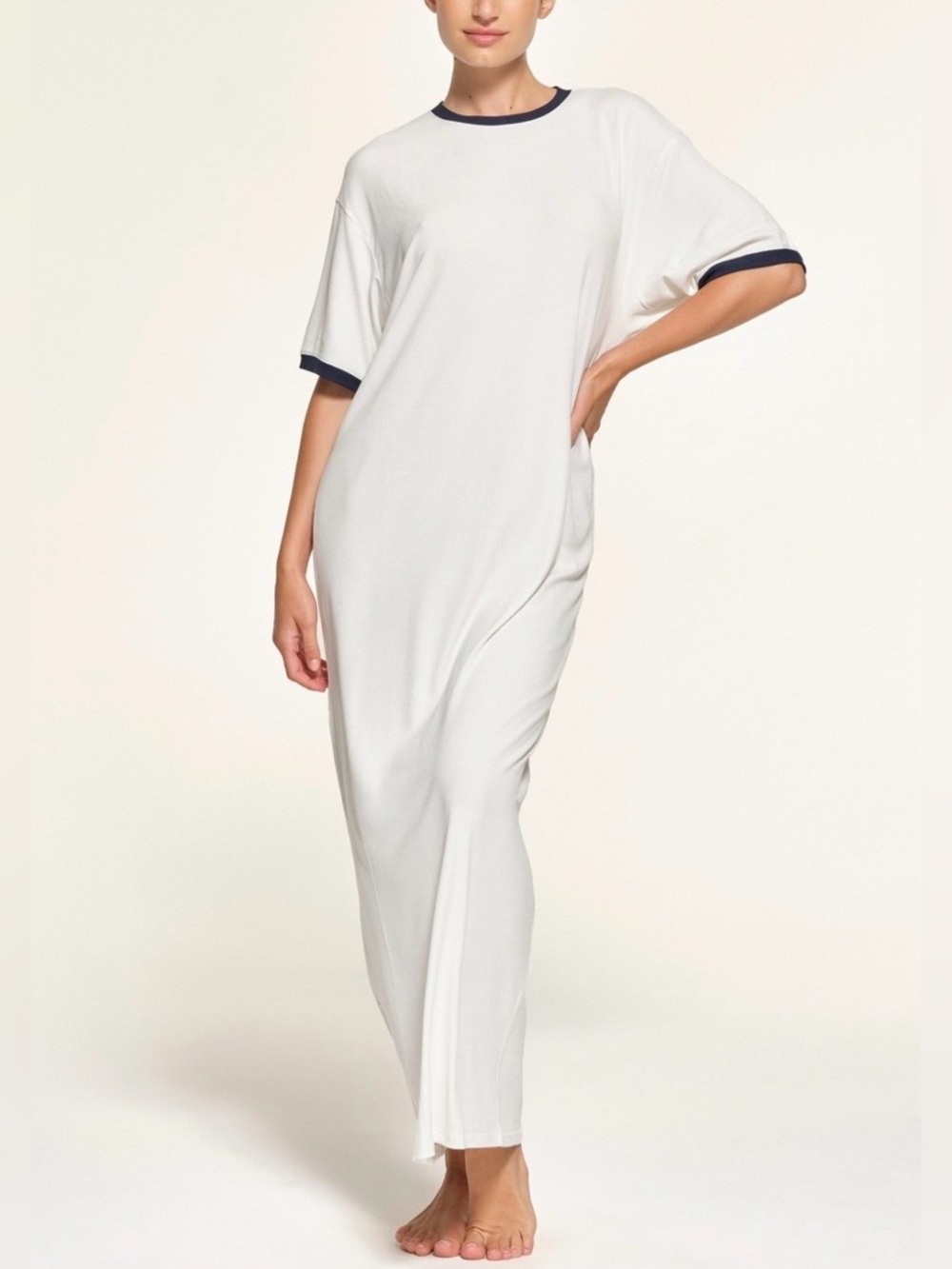 SKIMS Ringer Lounge Maxi T-Shirt Dress White Navy Sz Small